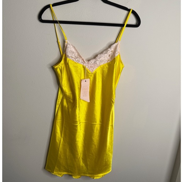 Free People We Are HAH NEW Medium Yellow Satin Lace Trim Cami Mini Slip Dress - Picture 2 of 5